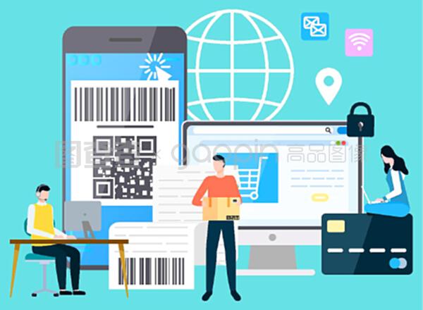 有支付保障的智能手機(jī)和計(jì)算機(jī),購物和送貨。網(wǎng)上支付系統(tǒng),帶筆記本電腦的字符。平面卡通風(fēng)格的矢量插圖。國際商務(wù)現(xiàn)代技術(shù)小工具